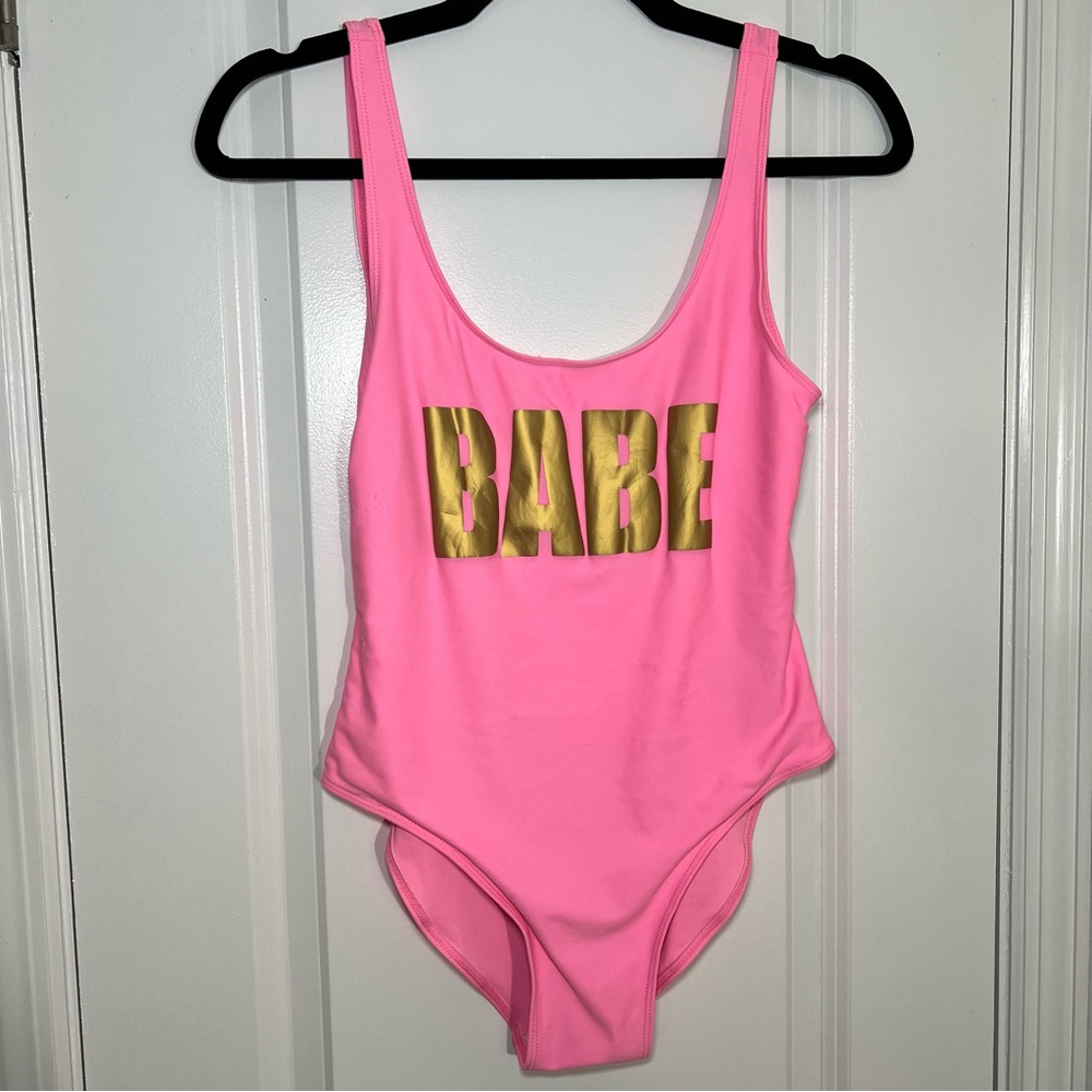 Pink One Piece Swimsuit with Gold 'Babe' Print
